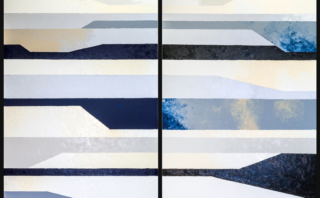 На выставке представлены работы Конюховой Rhombus_couple red, Stripes_couple silver grey, Interstellar