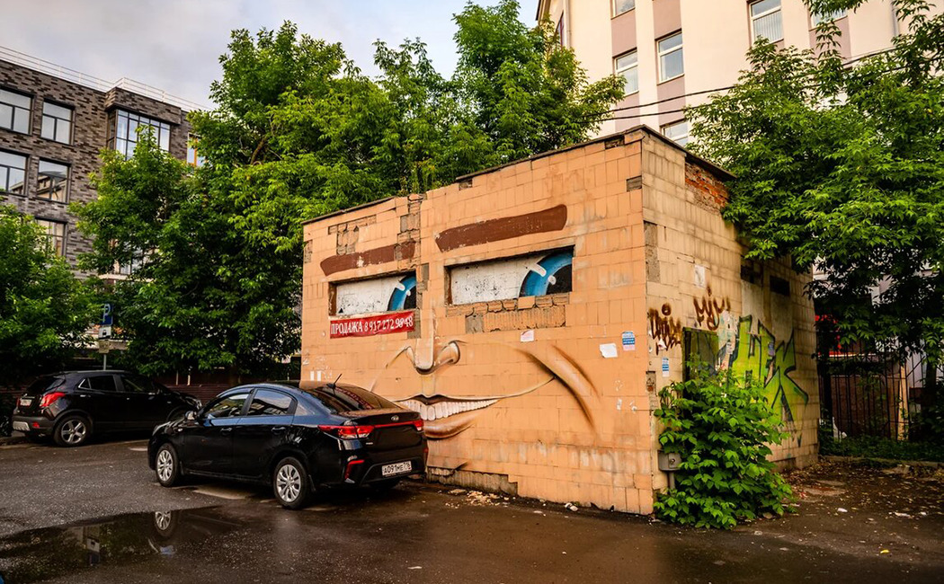 Мурал на хозблоке в саду Кирова 